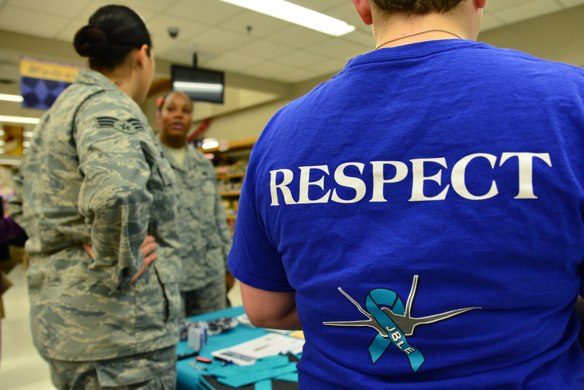 In observance of Sexual Assault Awareness Month, Joint Base Langley-Eustis Victim Advocates participate in Meet your Victim Advocate events at the base commissaries and Exchanges throughout April. JBLE community members can take part in a SAAM prize-wheel game and be informed about the resources available to sexual assault victims. (U.S. Air Force photo by Senior Airman Aubrey White/Released)