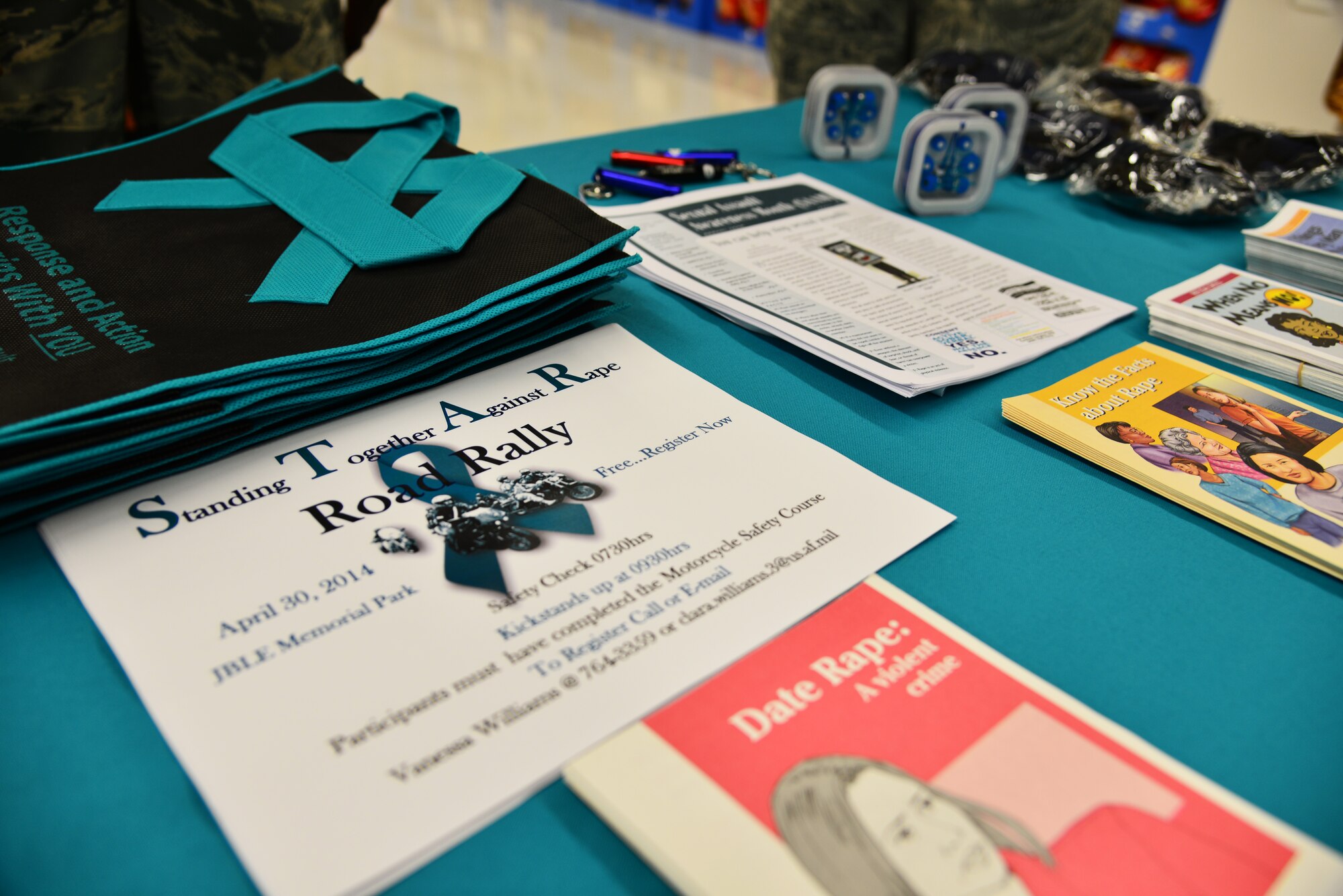 The Langley Sexual Assault Prevention and Response office held a Meet your Victim Advocate event at Langley Air Force Base, Va., April 8, 2014. Joint Base Langley-Eustis community members engaged with victim advocates and were provided Sexual Assault Awareness Month literature and prizes. (U.S. Air Force photo by Senior Airman Aubrey White/Released)
