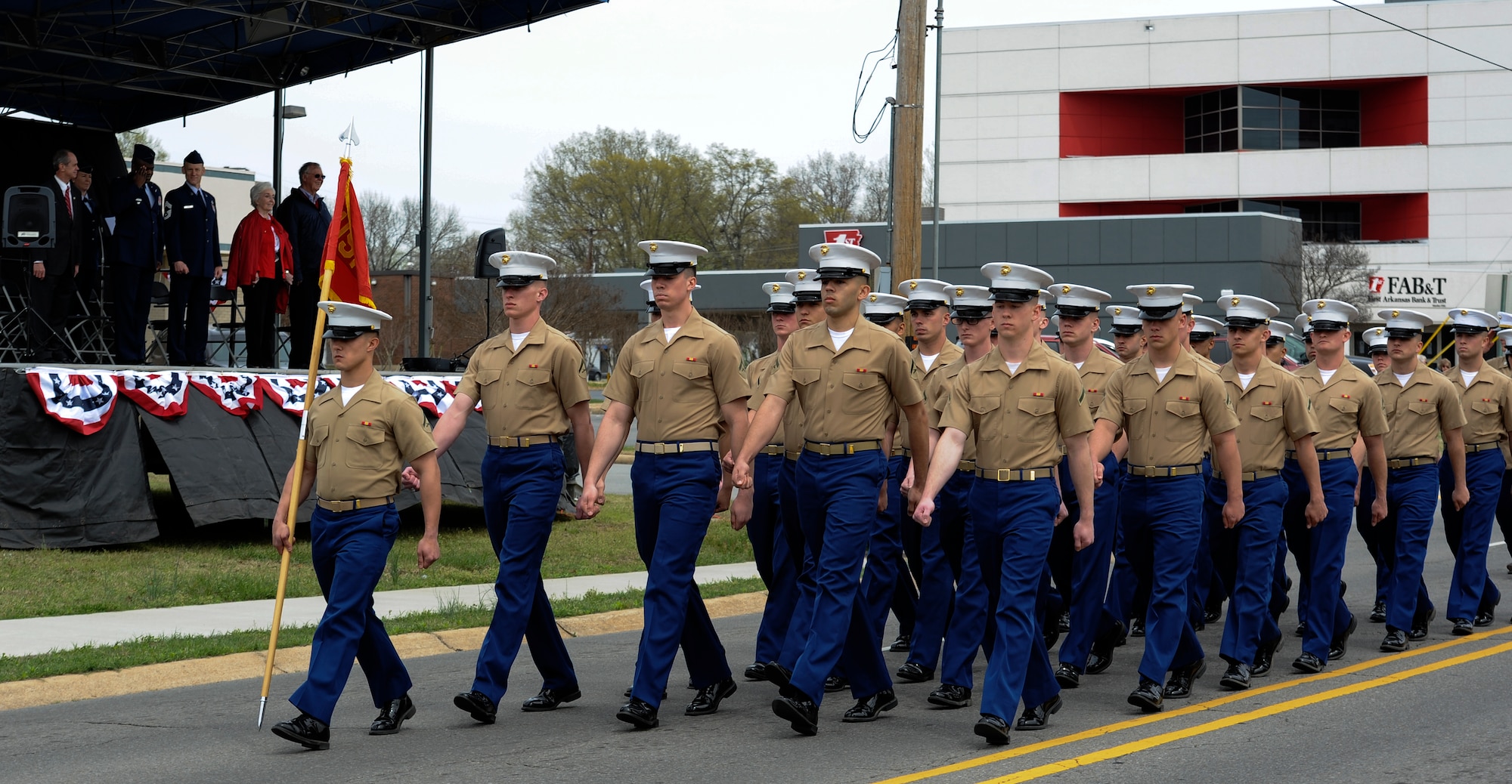 Marines stationed at Little Rock Air Force Base march during the Welcome Home Vietnam Veterans Day parade, April 5, 2014, in Jacksonville, Ark. The celebration also included a recognition ceremony and appreciation dinner for all in attendance. (U.S. Air Force photo by Staff Sgt. Jessica Condit)