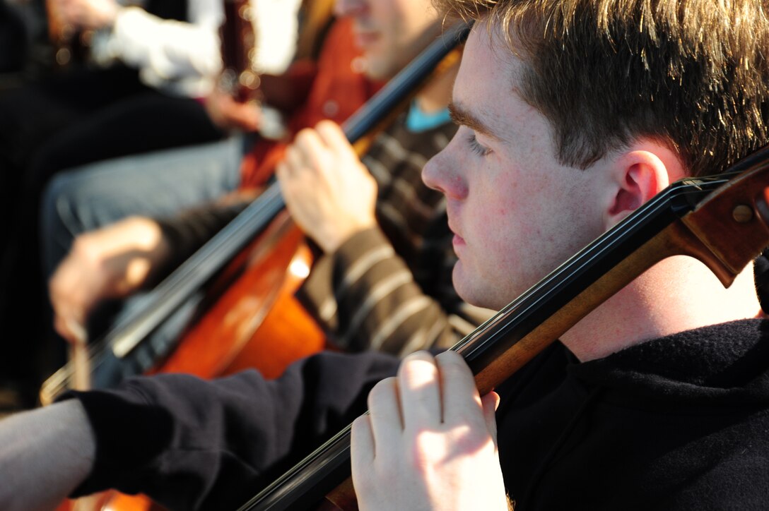 Tech. Sgt. Edward Prevost, U.S. Air Force Band cellist, rehearses for a concert performance at Valparaiso University’s Chapel of Resurrection in Valparaiso, Ind., April 7, 2014. This performance is part of the Band’s 2014 Spring Tour around the Midwest. Prevost is one of two cellists on this tour. (U. S. Air Force photo/Airman 1st Class Joshua R. M. Dewberry)
