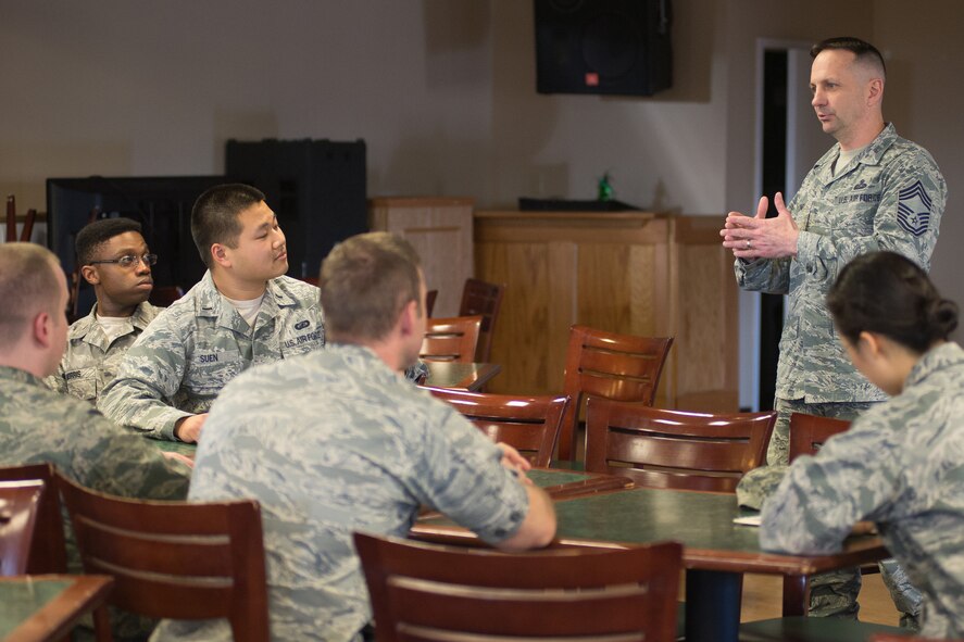 HANSCOM AIR FORCE BASE, Mass. – Chief Master Sgt. Craig A. Poling, Hanscom senior enlisted advisor, speaks to members of the Company Grade Officer Council during its monthly meeting at the Minuteman Commons, April 9. Poling answered questions about the enlisted force and offered advice to the junior officers. (U.S. Air Force photo by Mark Herlihy)