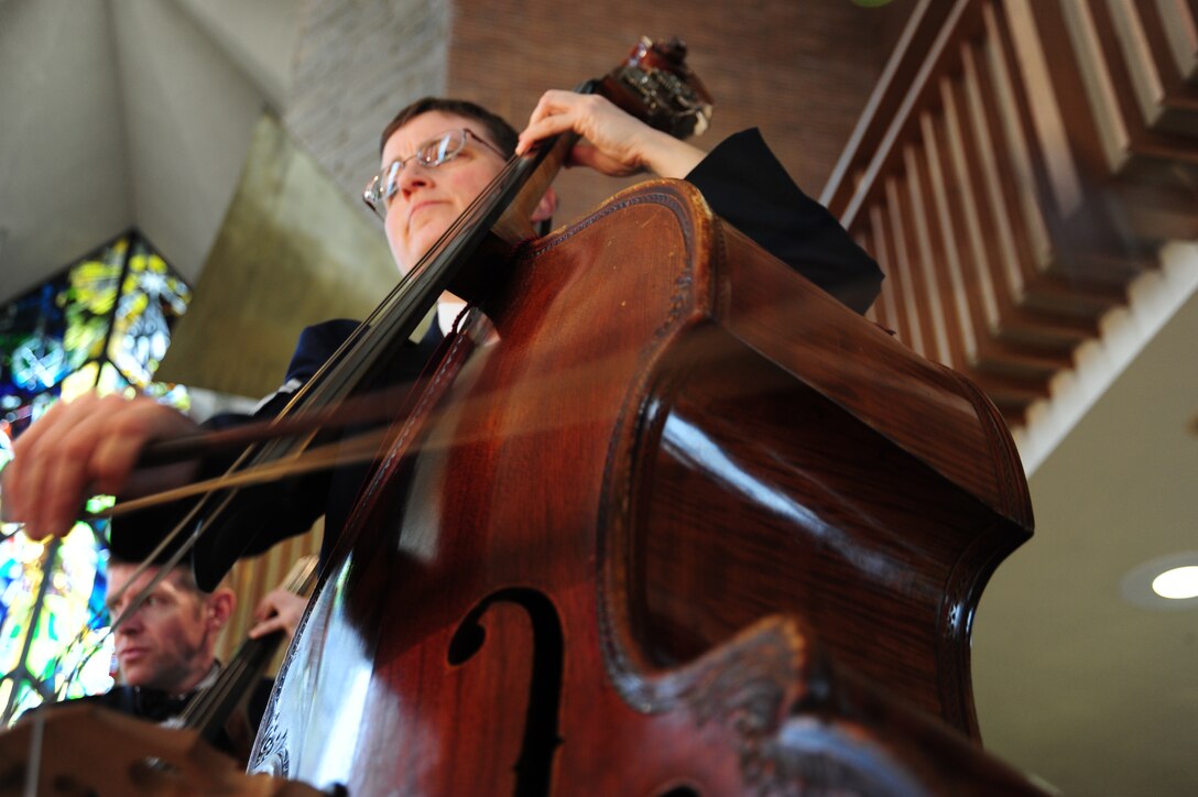 Senior Master Sgt. Chris Kosky, U.S. Air Force Band double bassist, rehearses for a concert performance at Valparaiso University’s Chapel of Resurrection in Valparaiso, Ind., April 7, 2014. This performance is part of the Band’s 2014 Spring Tour around the Midwest. Kosky is one of two bassists on this tour. (U. S. Air Force photo/Airman 1st Class Joshua R. M. Dewberry)