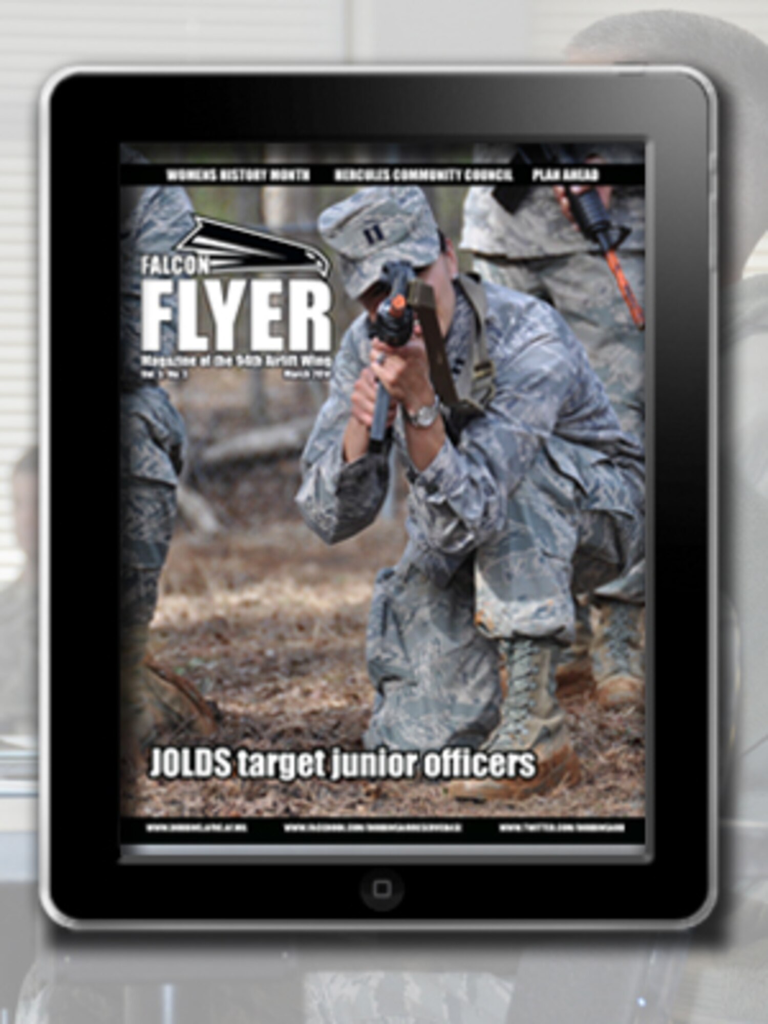 Featured in the March 2014 Falcon Flyer, the 94th Airlift Wing hosts a series of Junior Officer Leadership Development Seminars Feb. 20-23. JOLDS are designed to train company grade officers in leadership, teambuilding, cultural diversity, mobilization issues and military officership. (U.S. Air Force graphic/James Branch)
