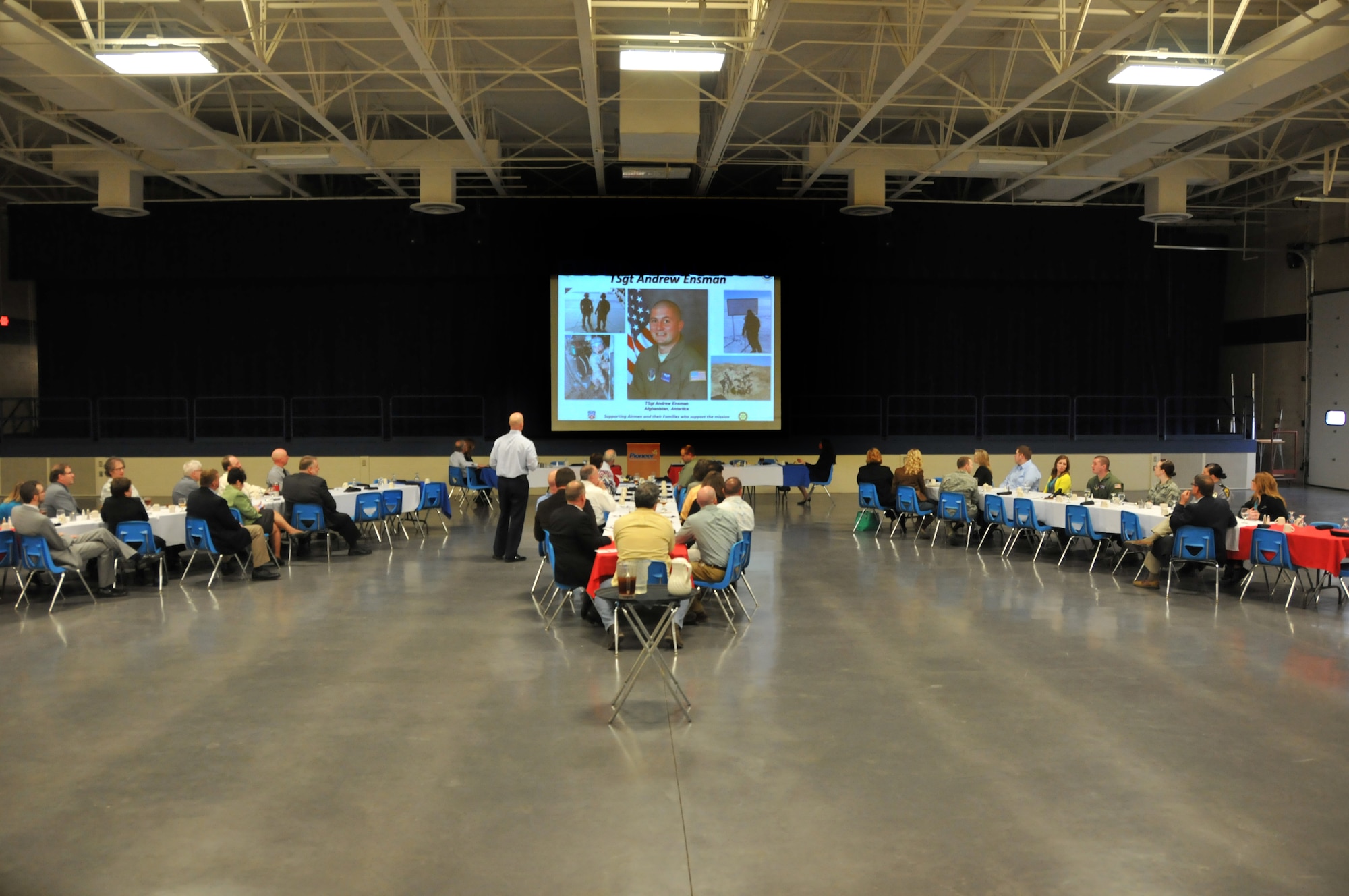 Members of the 179th Airlift Wing from Shelby were honored by the Shelby Rotary Club at Pioneer Career & Technology Center, April 7, 2014, Shelby, OH. Wing Commander, Col. Gary McCue speaks highly of the members from Shelby and talked about the important role of the Shelby community support. Shelby Rotary Club President, Lynn Friebel and Shelby Mayor, Marilyn John, joined Col. McCue in speaking to the group. (U.S. Air National Guard Photo by TSgt Joseph Harwood \Released)