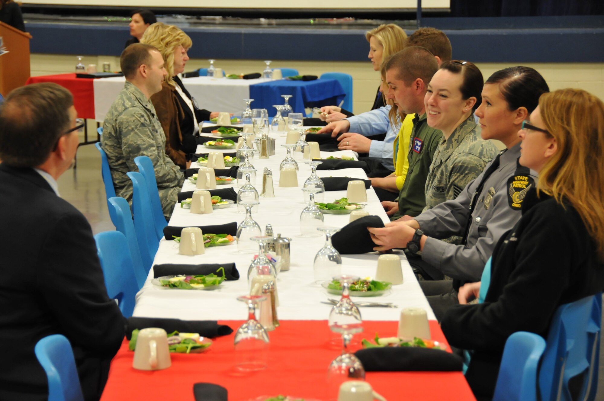 Members of the 179th Airlift Wing from Shelby were honored by the Shelby Rotary Club at Pioneer Career & Technology Center, April 7, 2014, Shelby, OH. Wing Commander, Col. Gary McCue speaks highly of the members from Shelby and talked about the important role of the Shelby community support. Shelby Rotary Club President, Lynn Friebel and Shelby Mayor, Marilyn John, joined Col. McCue in speaking to the group. (U.S. Air National Guard Photo by TSgt Joseph Harwood \Released)
