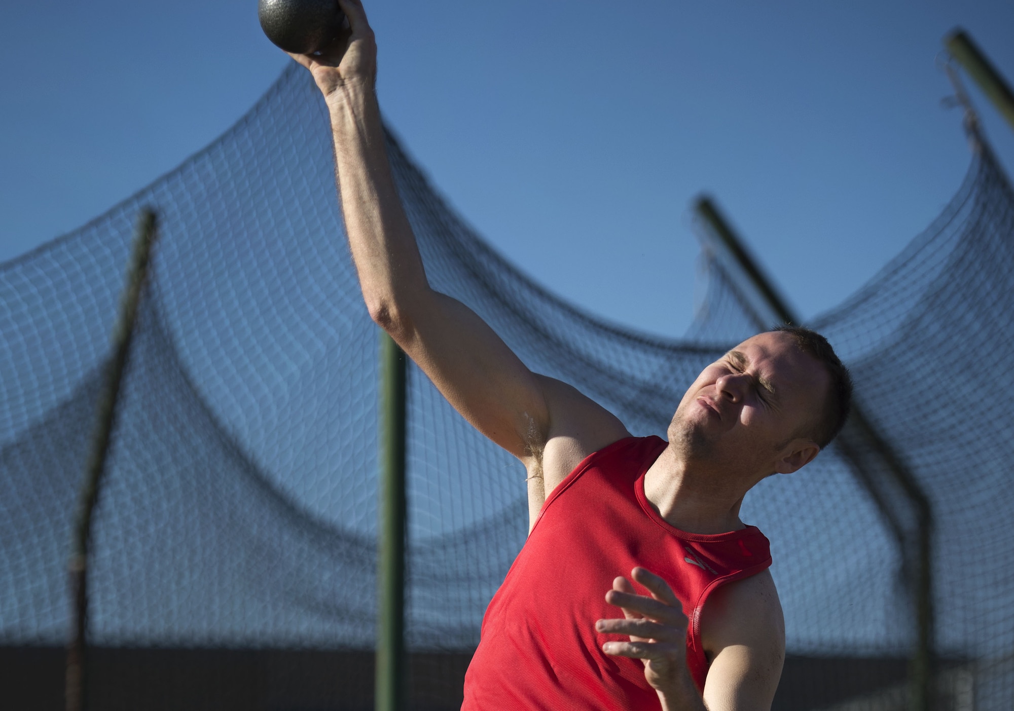 Cody Caraker throws the shot put during the track and field portion of the Air Force Trials on April 8, 2014, at Rancho High School in Las Vegas, Nev. The Air Force Trials give injured, ill and wounded Airmen a chance to compete in Paralympic-style events. (U.S. Air Force photo/Senior Airman Jette Carr)