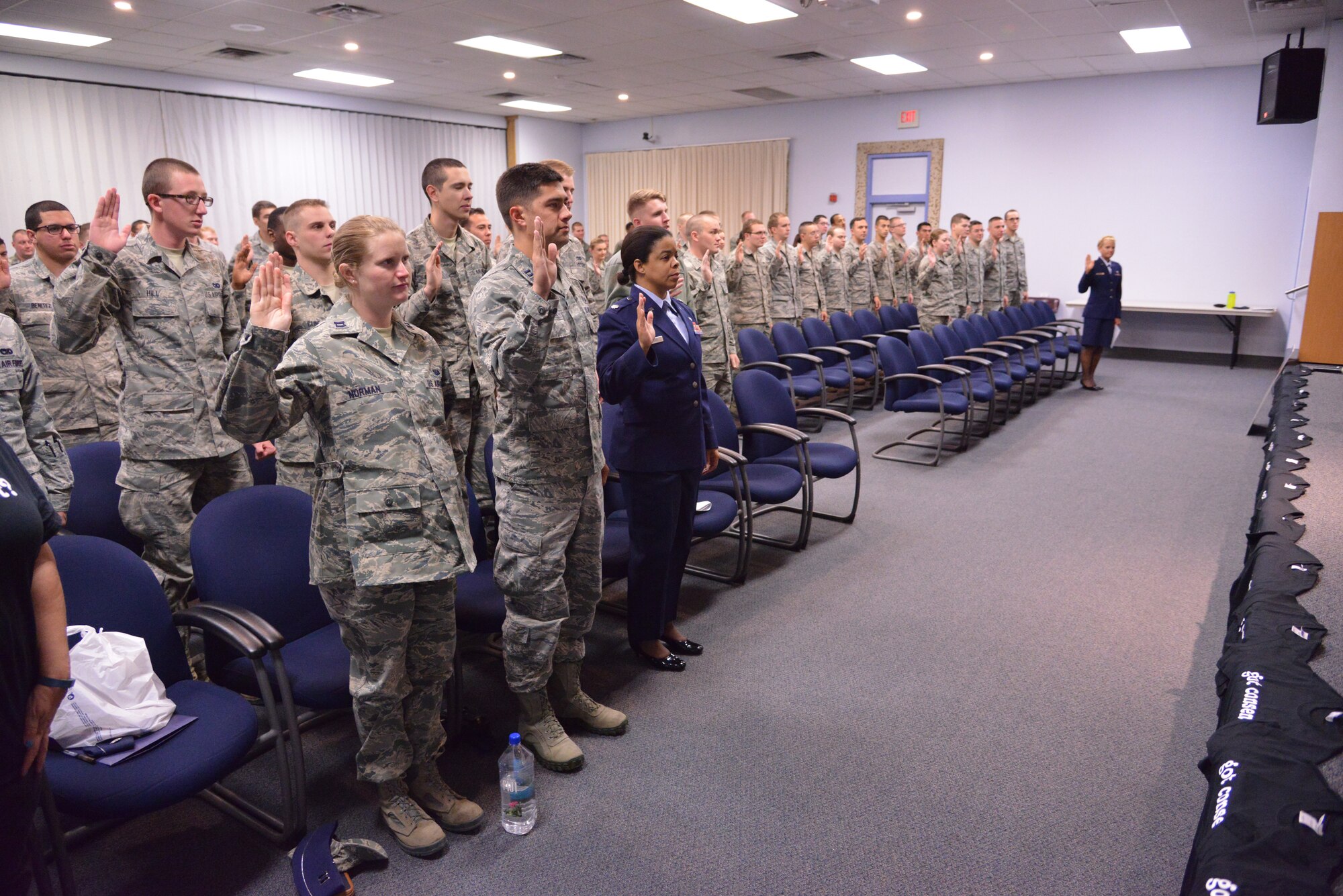 Kirtland Airmen are "sworn in" during a mock trial of a real-world sexual assault case. The trial, called "Got Consent," was one of the events in observance of Sexual Assault Awareness Month. (Photo by Ken Moore)