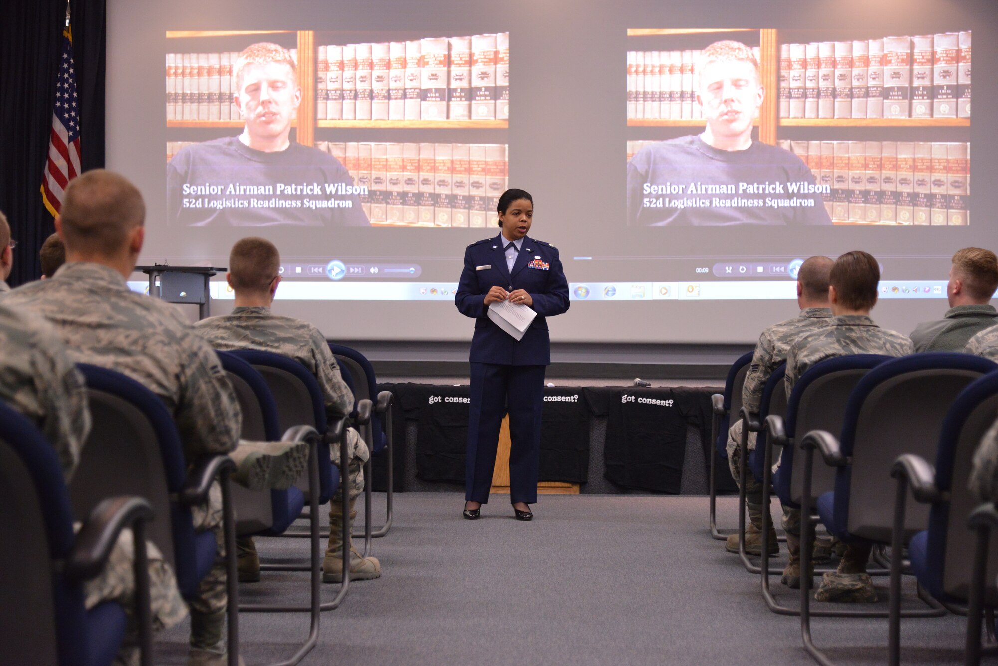 Lt. Col. Tammie Sledge, 377th Air Base Wing's staff judge advocate, speaks to Kirtland Airmen during a mock trial of a real-world sexual assault case. The trial, called "Got Consent," was one of the events in observance of Sexual Assault Awareness Month. (Photo by Ken Moore)