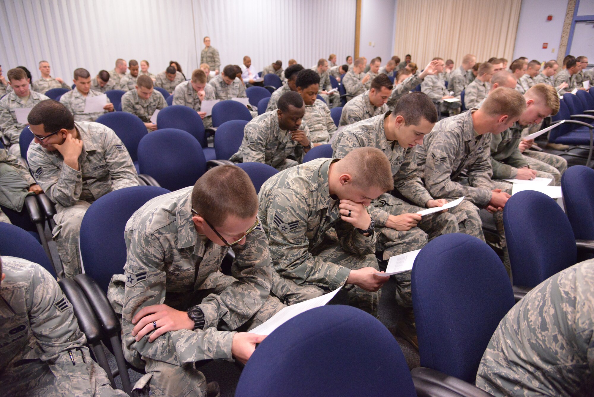 Kirtland Airmen, acting as "jurors," review the facts of the case during a mock trial of a real-world sexual assault case. The trial, called "Got Consent," was one of the events in observance of Sexual Assault Awareness Month. (Photo by Ken Moore)
