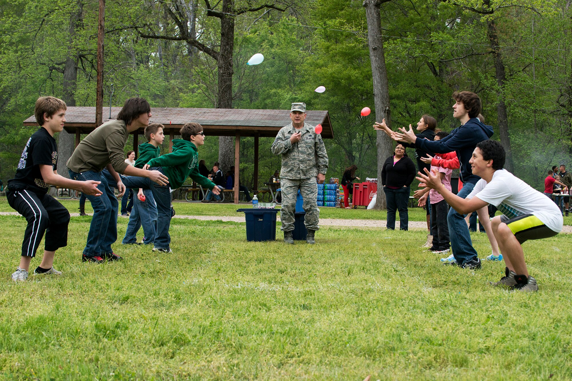 Kids participate in a water balloon toss competition during the 307th Bomb Wing Family Day, April 5, 2014, Barksdale Air Force Base, La. Family Day gives Airmen a chance to take a timeout from their duties and enjoy time with their families and fellow coworkers. (U.S. Air Force photo by Master Sgt. Greg Steele/Released)