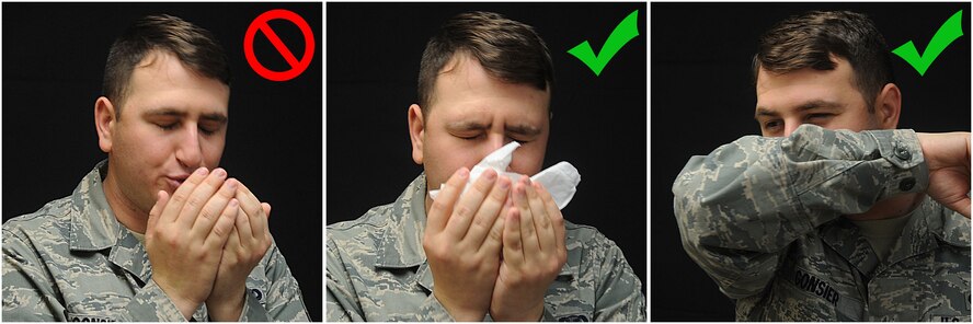 Senior Airman Benjamin Gonsier, 2nd Bomb Wing Public Affairs photojournalist, demonstrates how to properly cover your mouth and nose when sneezing on Barksdale Air Force Base, La., April 9, 2014. With seasonal allergens on the rise, allergy sufferers should be wary when sneezing to not spread germs. (U.S. Air Force photo/Senior Airman Kristin High)