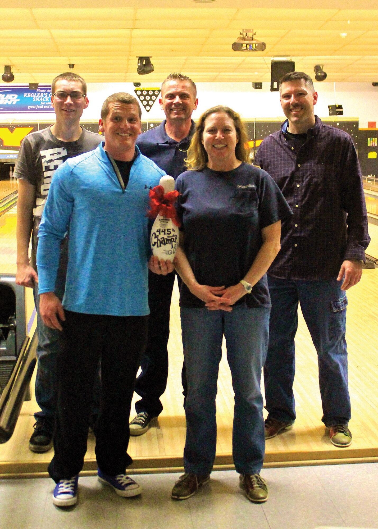 WRIGHT-PATTERSON AIR FORCE BASE, Ohio - The 445th Airlift Wing March Single Airmen Program sponsored by the 445th Force Support Squadron Sustainment Services Flight featured a bowling tournament March 8 with the 445th Maintenance Squadron taking home the inaugural trophy pin. (Courtesy photo)