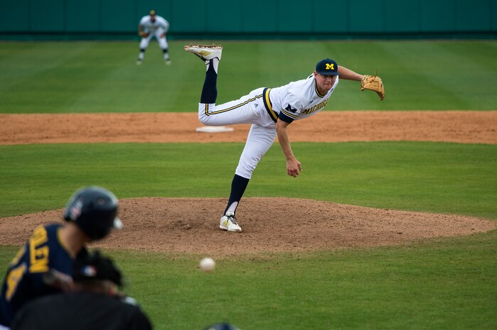 University of Michigan starting pitcher Ben Ballantine, throws a pitch during a game against Kent State University at the College of Charleston Tournament  March 16, 2014, in Charleston, S.C.  The University of Michigan would go on to beat Kent State University 3-2. (U.S. Air Force photo/Senior Airman James Richardson)