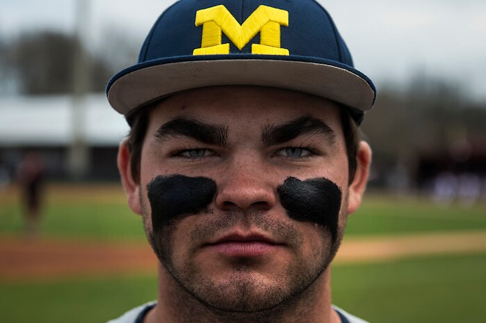 University of Michigan right fielder, Kyle Jusick, poses for a portrait during the College of Charleston Tournament March 15, 2014, in Charleston, S.C. The University of Michigan played the College of Charleston and would go on to lose both games of a double header. (U.S. Air Force photo/Senior Airman James Richardson)