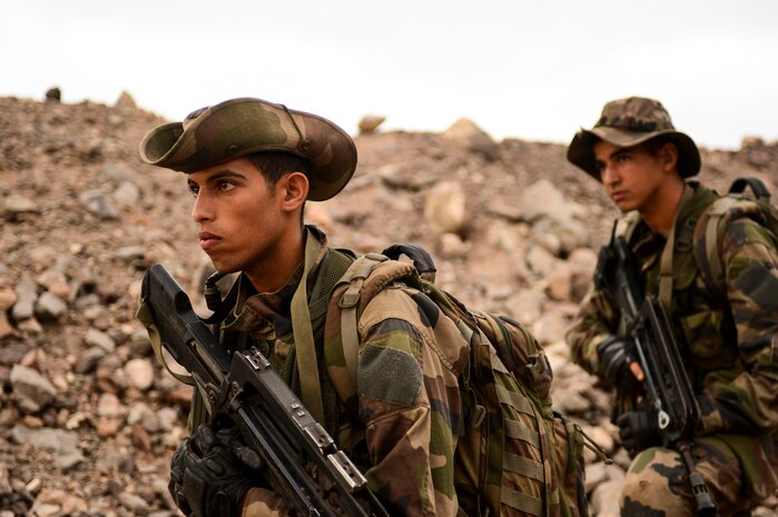 French Marines from the 5th French Marine Regiment, prepare to start a night time combat movement segment of the Desert Combat Training Course in Djibouti, March 2, 2013. The 5th French Marine Regiment invited members of Combined Joint Task Force-Horn of Africa to participate in the Desert Combat Training Course to help strengthen the partnership between the military allies. (U.S. Air Force photo/Airman 1st Class Nicholas Byers)