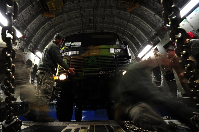 Airmen load a C-17 Globemaster III with French soldiers and cargo in support of Operation Serval as France increases their presence in the Republic of Mali to fight Islamic extremists Jan. 23, 2013. The United States agreed to help France airlift troops and equipment into Mali. (U.S. Air Force photo/Senior Airman James Richardson)