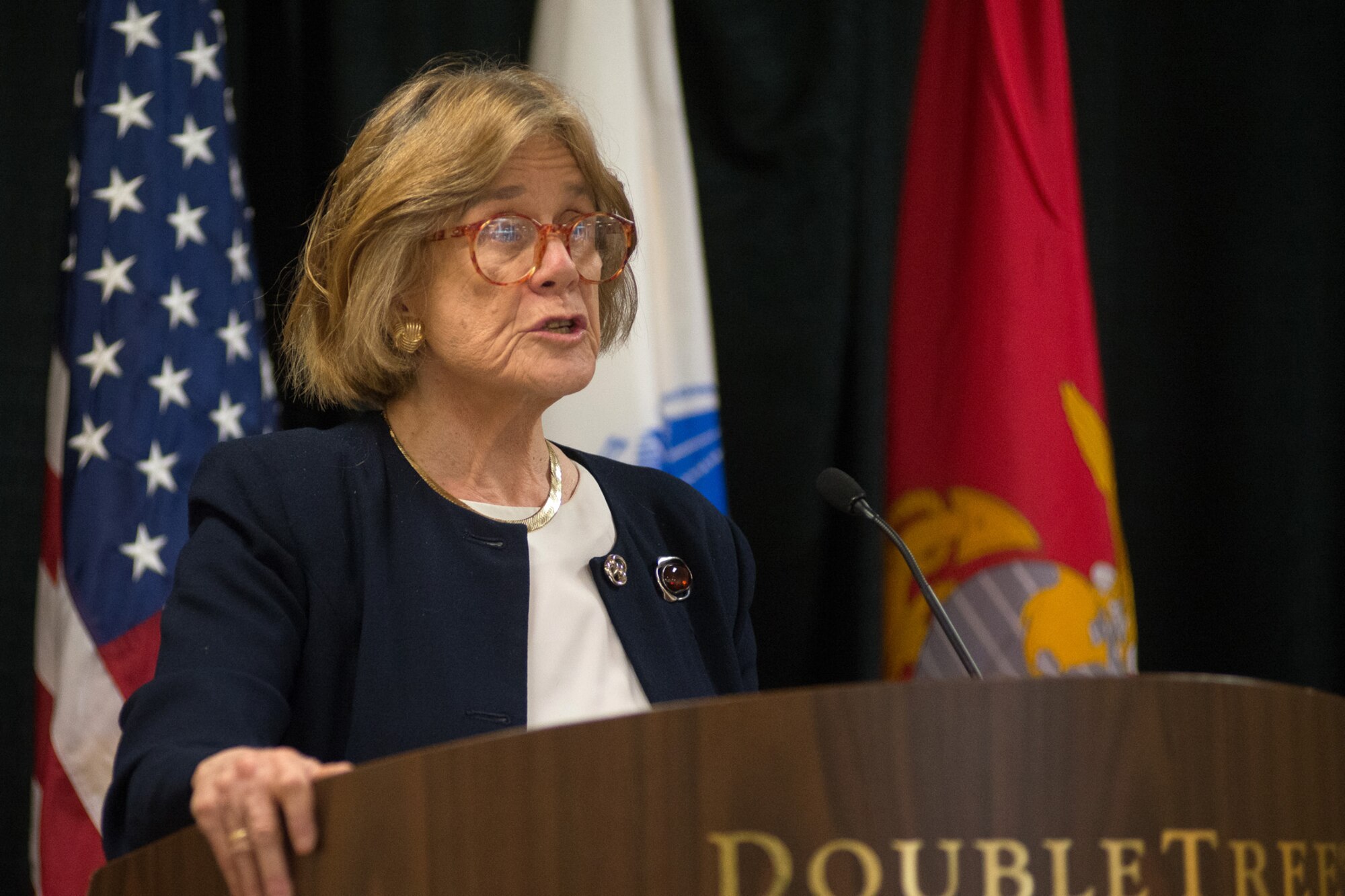 BEDFORD, Mass. – Former Secretary of the Air Force Dr. Sheila Widnall addresses an industry association scholarship luncheon at the Doubletree Hotel, April 9. The event, co-sponsored by the Association of Old Crows and the Armed Forces Communications and Electronics Association, was a forum for the organizations to present scholarships to deserving local ROTC cadets. Widnall served as the SECAF from 1993 to 1997 and is currently a professor of aeronautics and astronautics at the Massachusetts Institute of Technology.  (U.S. Air Force photo by Mark Herlihy)