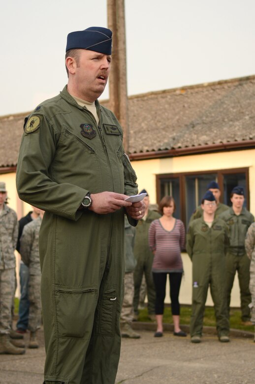 U.S. Air Force Lt. Col. Richard Greszler, 352nd Special Operations Support Squadron commander, addresses a group of 352nd Special Operations Group members March 28, 2014, during a remembrance ceremony on RAF Mildenhall, England. The ceremony was held in honor of the 9th anniversary of the nine Airmen who died when WRATH-11, an MC-130H Combat Talon II assigned to the 7th SOS, crashed in Albania in 2005. (U.S. Air Force photo by Airman 1st Class Jonathan Light/Released)