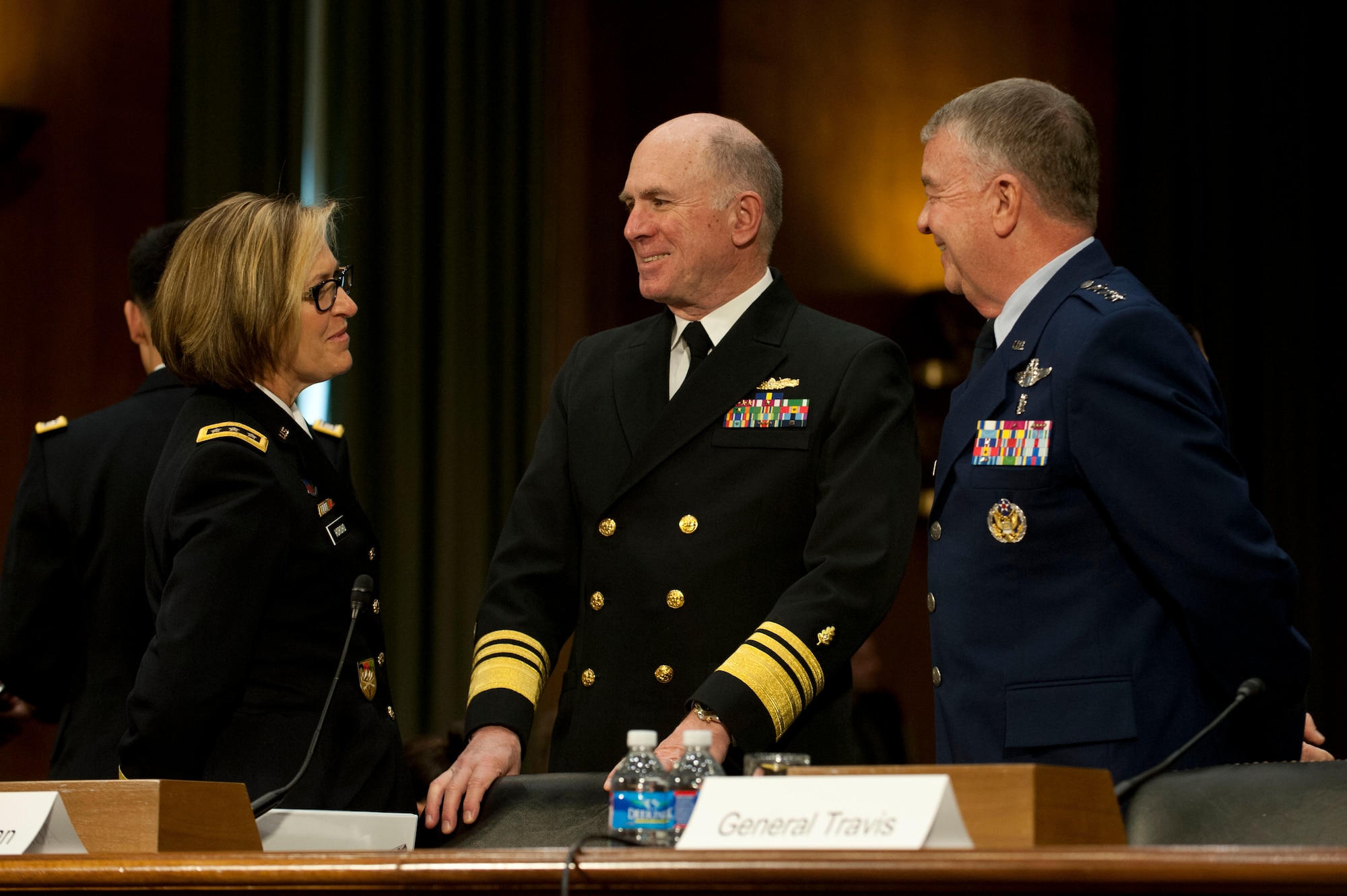 Army Surgeon General Lt. Gen. Patricia Horoho, Navy Surgeon General Vice Adm. (Dr.) Matthew Nathan and Air Force Surgeon General Lt. Gen. (Dr.) Thomas Travis await the beginning of their hearing April 9, 2014, with the Senate Appropriations Committee’s subcommittee on defense. (U.S. Air Force photo/Staff Sgt. Carlin Leslie)


