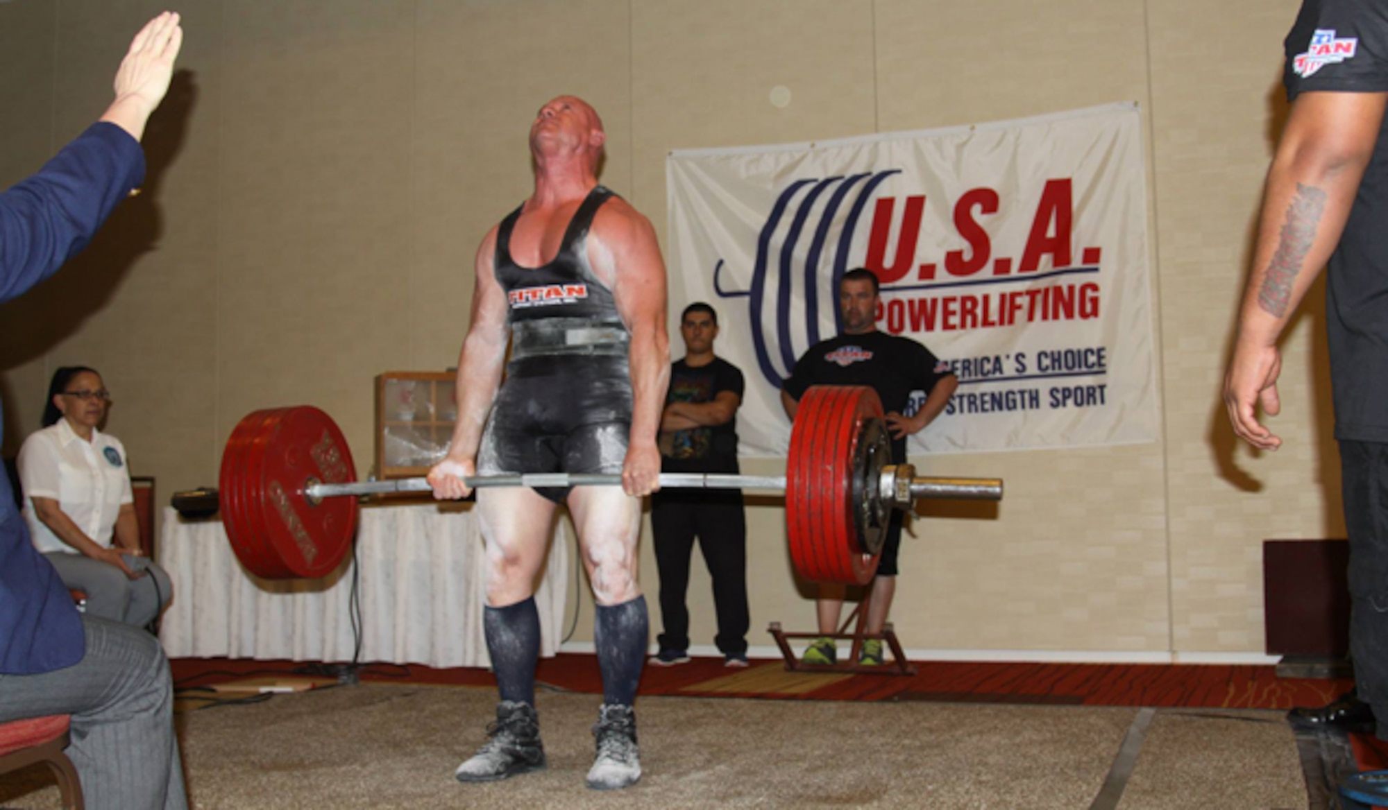 Chief Master Sgt. Troy Saunders deadlifts 633 pounds while competing in the 2014 Military National Powerlifting Championships March 15, 2014, in Killeen, Texas. Saunders' lifts for squat, bench press and deadlift totaled 1,526 pounds, earning him 11 gold medals, five military national and four American records. Saunders is the Pacific Air Forces vehicle management functional manager. (Courtesy photo) 
