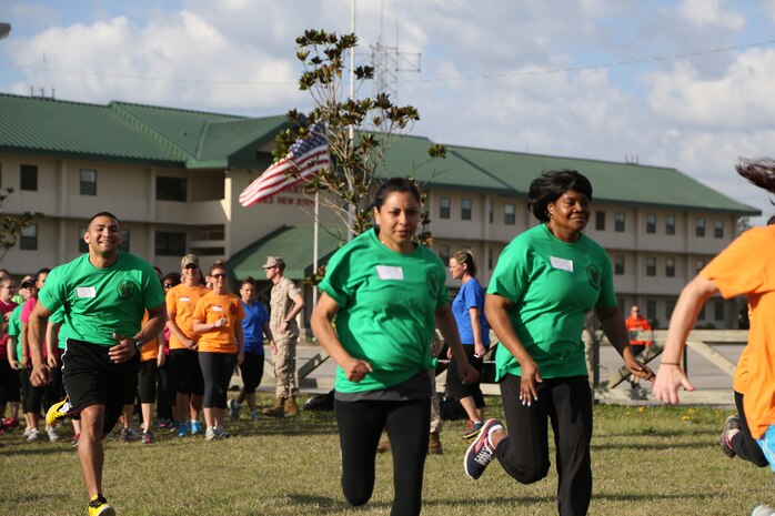 Marine and sailor spouses sprint during a modified Combat Fitness Test aboard Marine Corps Air Station New River, April 5. The modified CFT was part of In their Boots held aboard the air station. 

