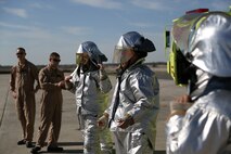 Headquarters and Headquarters Squadron spouses dress in Aircraft Rescue and Fire Fighting protective gear at the flight line aboard Marine Corps Air Station New River, N.C., April 5, as part of an In Their Boots event. During the event, spouses visited a static display of aircraft aboard the air station and viewed ARFF Marines give a demonstration of the speed they have to have during an emergency. 


