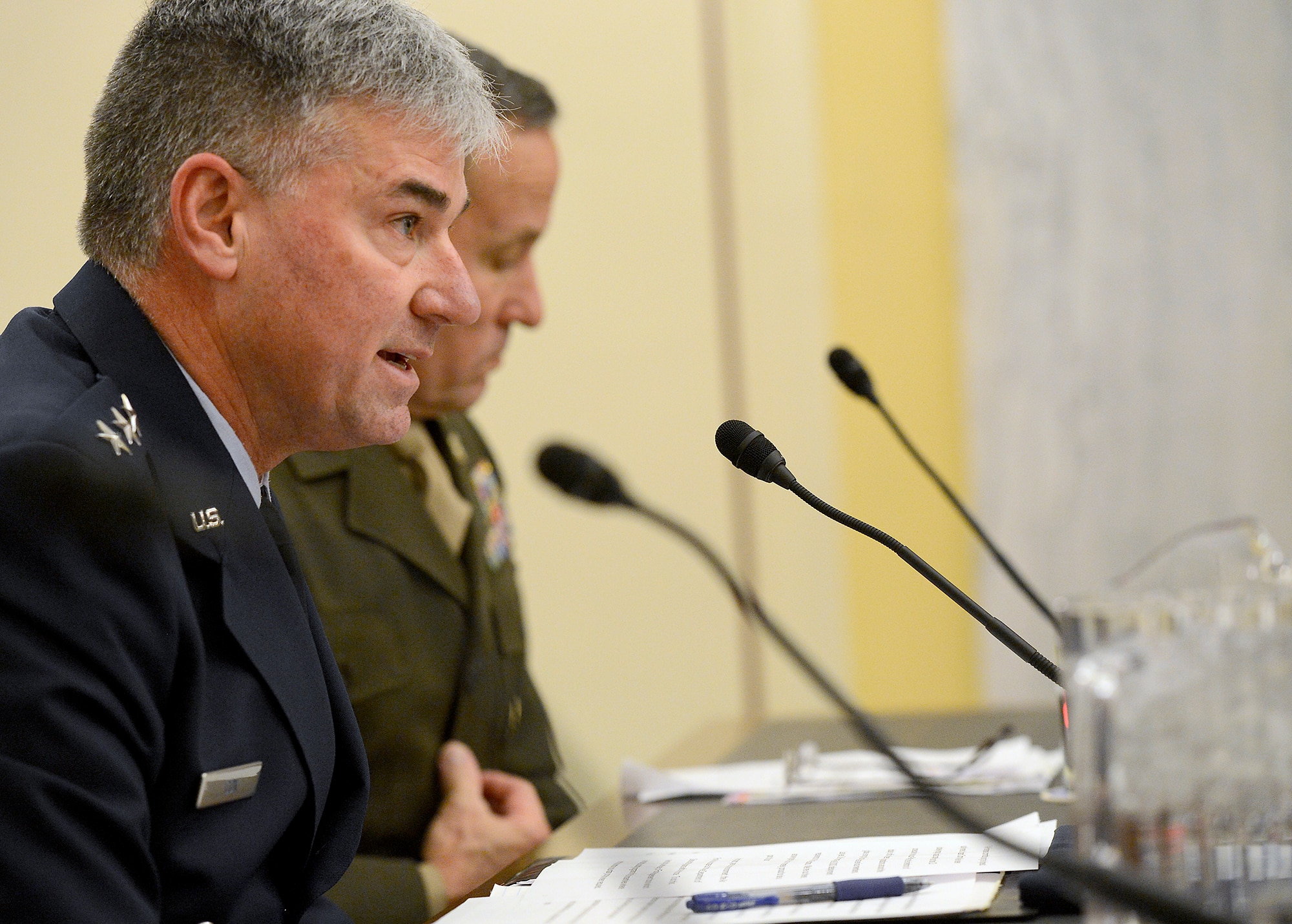 Lt. Gen. Sam D. Cox, the deputy chief of staff, manpower, personnel and services, testifies on the active, Guard, Reserve and civilian programs in review of the Defense Authorization Request for Fiscal Year 2015, and the Future Years Defense Program before the Senate Appropriations Subcommittee on Personnel, April 9, 2014, in Washington, D.C. Testifying with Cox were Lt. Gen. Howard B. Bromberg, the deputy chief of staff, U.S. Army; Vice Adm. William F. Moran, the chief of Naval personnel; and Lt. Gen. Robert Milstead Jr., the deputy commandant for manpower & reserve affairs, U.S. Marine Corps. A second panel testified before the committee and consisted of Chief Master Sgt. of the Air Force James A. Cody, Sgt. Major of the Army Raymond D. Chandler III, Master Chief Petty Officer of the Navy Michael D. Stevens, and Sgt. Major of the Marine Corps Michael P. Barrett.  (U.S. Air Force photo/Scott M. Ash)