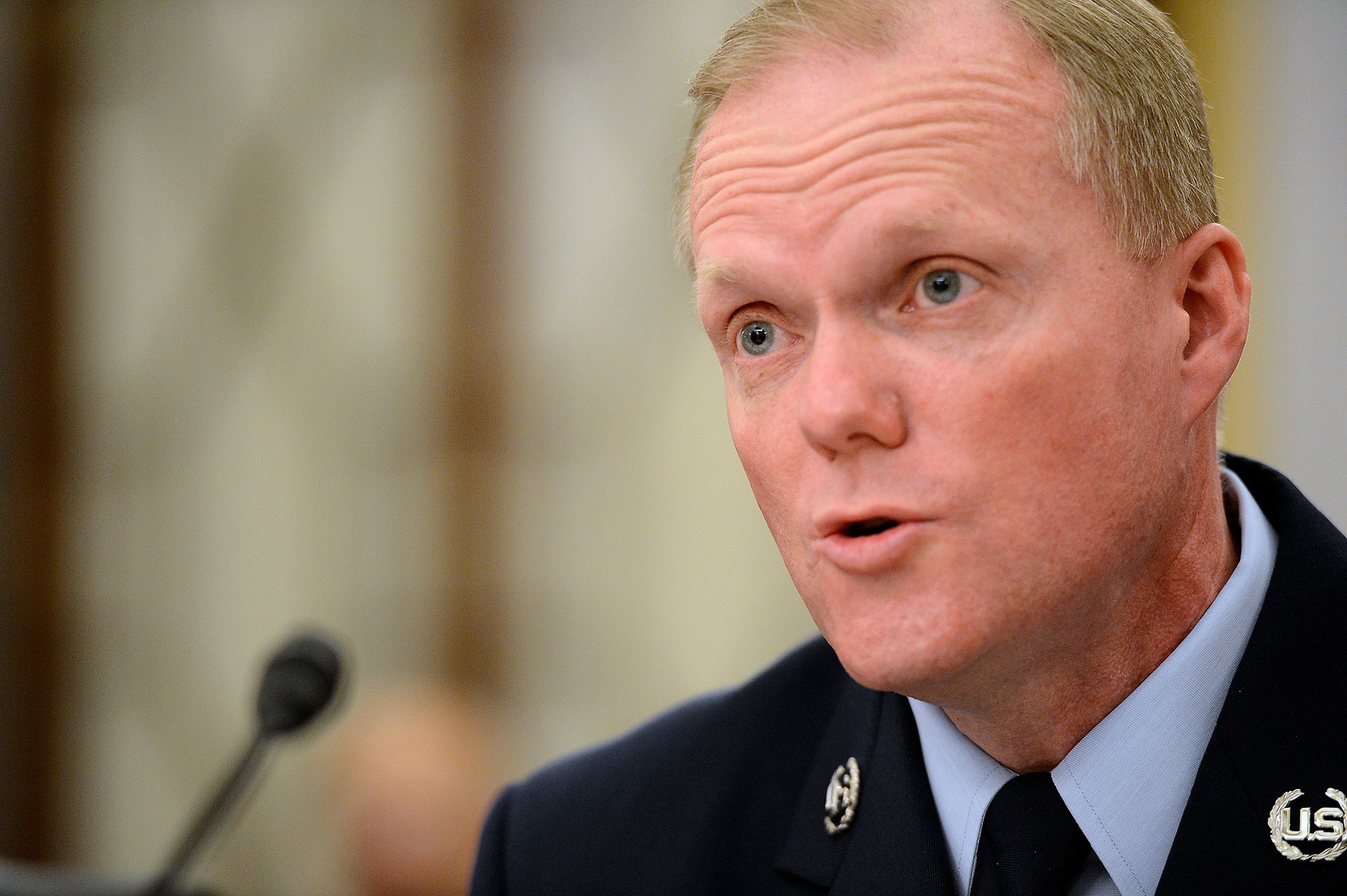 Chief Master Sgt. of the Air Force James A. Cody testifies on the active, Guard, Reserve and civilian programs in review of the Defense Authorization Request for Fiscal Year 2015, and the Future Years Defense Program before the Senate Appropriations Subcommittee on Personnel,  April 9, 2014, in Washington, D.C. Cody was joined by Sgt. Major of the Army Raymond D. Chandler III, Master Chief Petty Officer of the Navy Michael D. Stevens, and Sgt. Major of the Marine Corps Michael P. Barrett.   (U.S. Air Force photo/Scott M. Ash)             