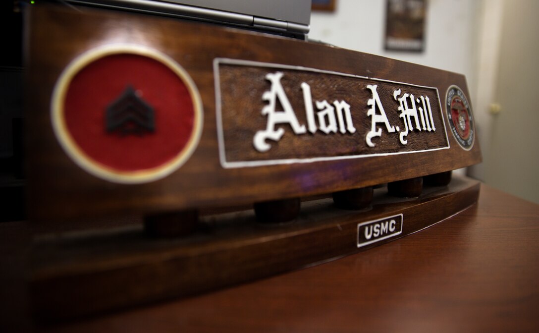 A name plaque for Sgt. Alan Hill, manpower and personnel chief with Marine Air Control Group (MACG) 38, sits on Hill’s desk aboard Marine Corps Air Station Miramar, Calif., April 9. Hill works tirelessly to complete his manpower missions for MACG-38. 