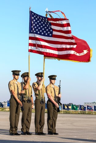 Color guard Marines present the colors during the Marine Corps Air Station relief and appointment and retirement ceremony held aboard the air station, April 11. Sgt. Maj. Robert A. Allen Jr. relinquished his post as the air station sergeant major to Sgt. Maj. William H. Oldenburg. During the ceremony, noncommissioned officers held key billets during the ceremony and marched with the noncommissioned officer sword. Sgt. Maj. Allen’s son, Sgt. Robert A. Allen III, a motor transportation specialist with Marine Wing Support Squadron 272, was the commander of troops for the ceremony.