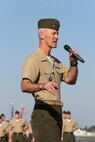 Col. Timothy M. Salmon, Marine Corps Air Station New River commanding officer, speaks about the accomplishments of Sgt. Maj. Robert A. Allen Jr. during a relief and appointment and retirement ceremony, April 11. Allen relinquished his post as the air station sergeant major to Sgt. Maj. William H. Oldenburg. During the ceremony, noncommissioned officers held key billets during the ceremony and marched with the noncommissioned officer sword. Sgt. Maj. Allen’s son, Sgt. Robert A. Allen III, a motor transportation specialist with Marine Wing Support Squadron 272, was the commander of troops for the ceremony. 