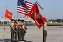 Sgt. Maj. Robert A. Allen Jr. salutes during the national anthem during the Marine Corps Air Station New River's relief and appointment and retirement ceremony held aboard MCAS New River, N.C., April 11. Allen relinquished his post as the air station sergeant major to Sgt. Maj. William H. Oldenburg. During the ceremony, noncommissioned officers held key billets during the ceremony and marched with the noncommissioned officer sword. Sgt. Maj. Allen’s son, Sgt. Robert A. Allen III, a motor transportation specialist with Marine Wing Support Squadron 272, was the commander of troops for the ceremony.