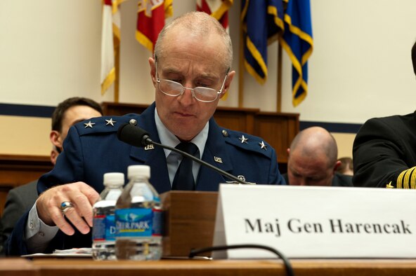 Maj. Gen. Garrett Harencak prepares his notes April 8 2014, prior to testifying before the House Armed Services Committee subcommittee on strategic forces. Harencak is the Assistant Chief of Staff for strategic deterrence and nuclear integration. (U.S. Air Force photo/Staff Sgt. Carlin Leslie)
