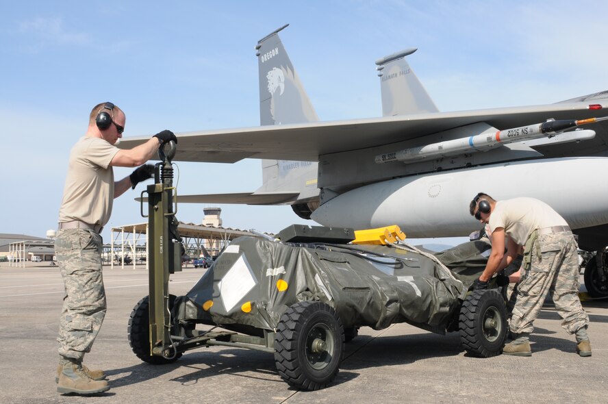 Oregon Air National Guard Staff Sgt. Joe Tschetter and Staff Sgt. Nick Alexander, 173rd Fighter Wing Weapons Group, prepare to transfer used ammunitions downloaded from an F-15 at Tyndall Air Force Base, Fla., Feb. 25, 2014. Members from Kingsley Field are at Tyndall to participate in the Weapons System Evaluation Program (WSEP) where they will be conducting F-15 missions and operations using live ammunitions. (U.S. Air National Guard photo by Senior Airman Penny Snoozy/Released)