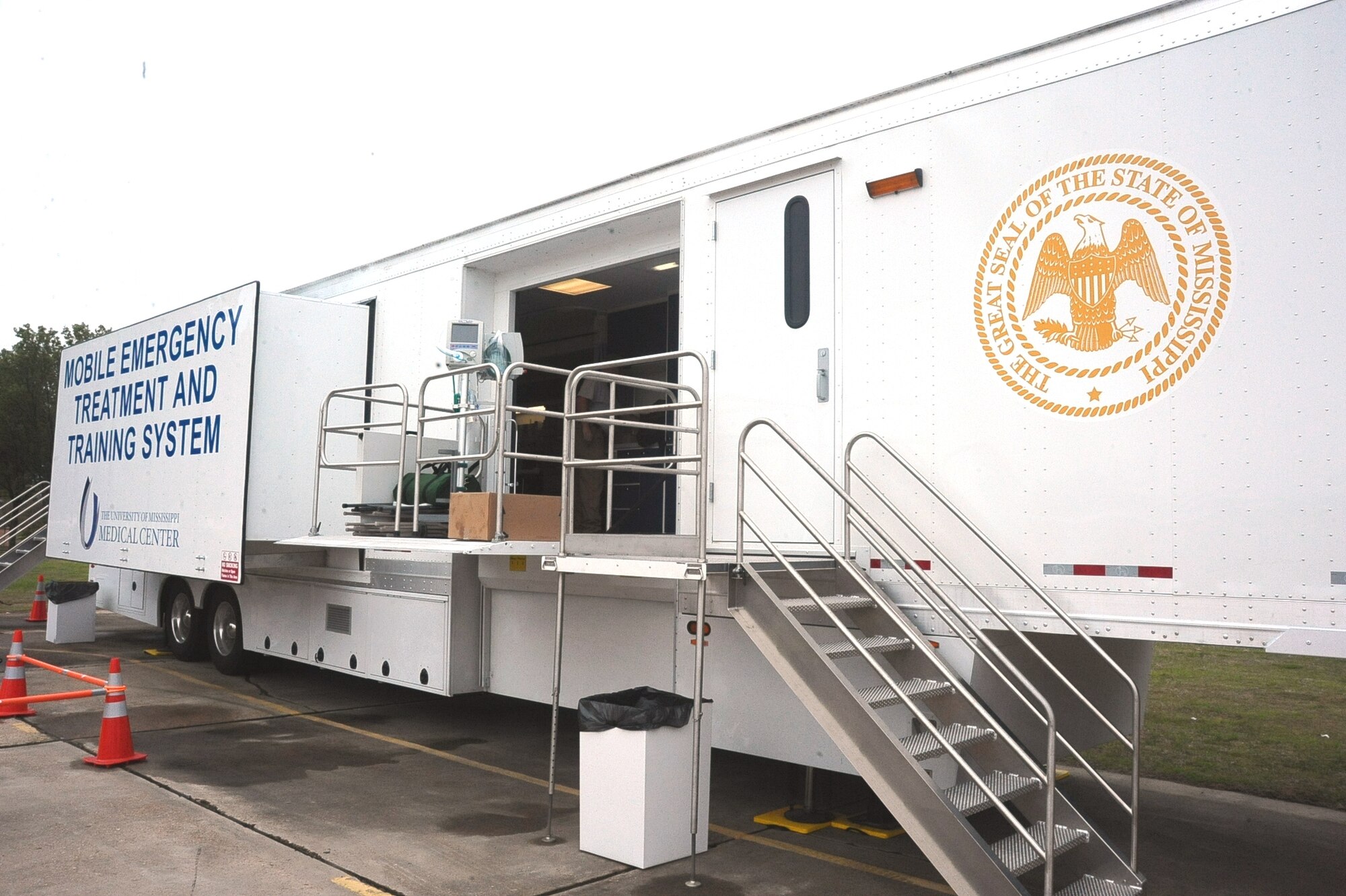 The University of Mississippi Medical Center Mobile Emergency Treatment and Training System is prepared for emergency care during the Wings Over Columbus Open House and Airshow at Columbus Air Force Base, Miss., April 6, 2014. The METTS is self-sustaining, complete with generators and water systems, medical supplies and equipment and takes about 20 minutes to set up. (U.S. Air Force photo/ Senior Airman Kaleb Snay)
