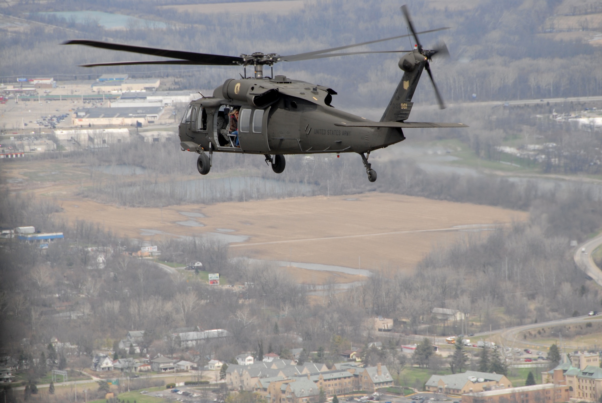 Employers ride in an Ohio National Guard UH-60 Blackhawk helicopter during Operation Joint Engagement at the Springfield Air National Guard Base, April 10. The flight was part of an event for the ONG to express appreciation for support the employers provide and inform them about the ONG’s mission. (Ohio Air National Guard photo by 1st Lt. Michael Gibson/Released)