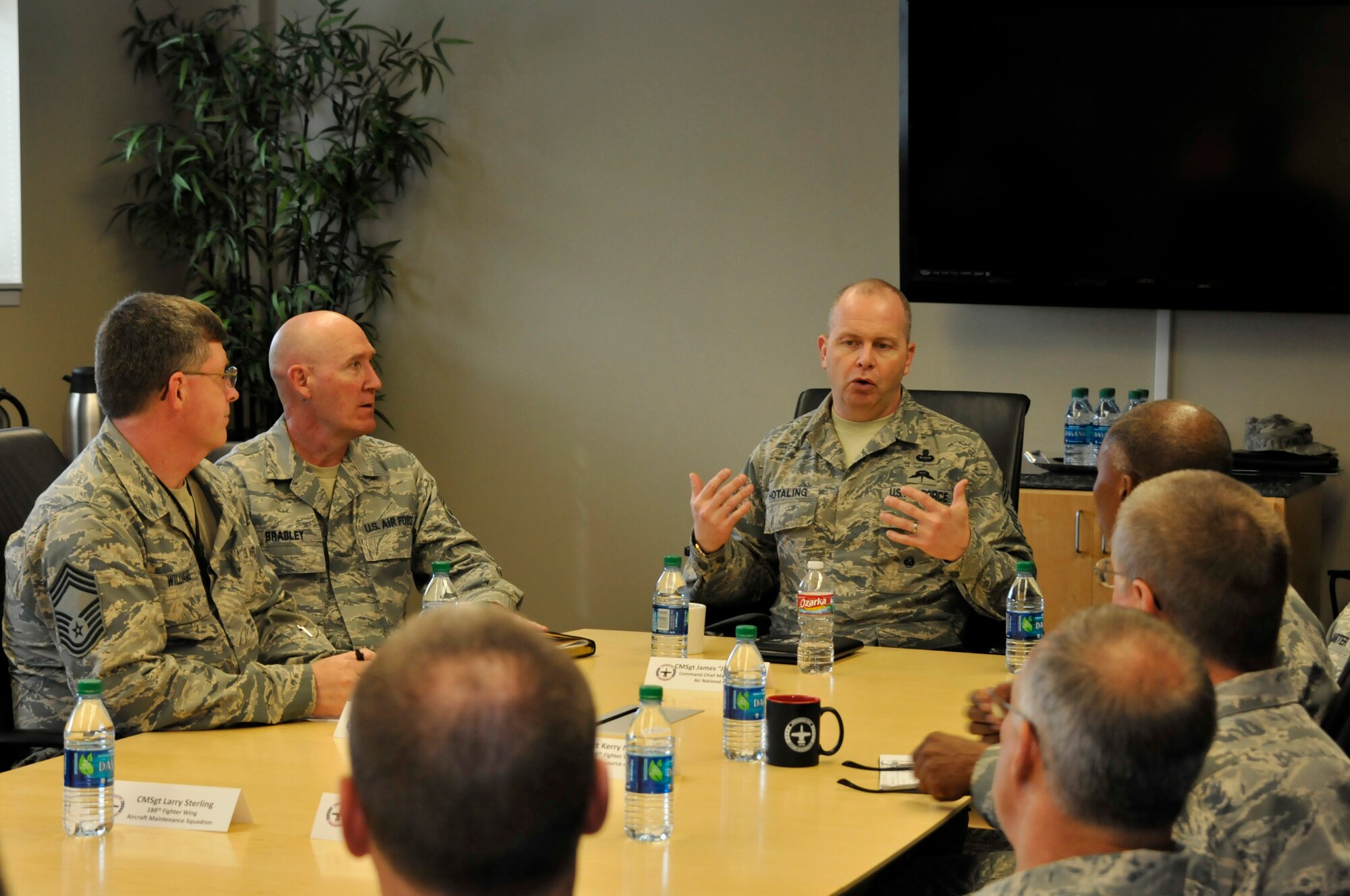 Air National Guard Command Chief Master Sgt. James W. Hotaling speaks with all of the chief master sergeants and first sergeants of the 188th Fighter Wing at Ebbing Air National Guard Base, Fort Smith, Ark., April 5, 2014. Hotaling also visited the 188th and met with Airmen and wing leadership before touring the unit’s facilities. (U.S. Air National Guard photo by Airman 1st Class Cody Martin/Released)