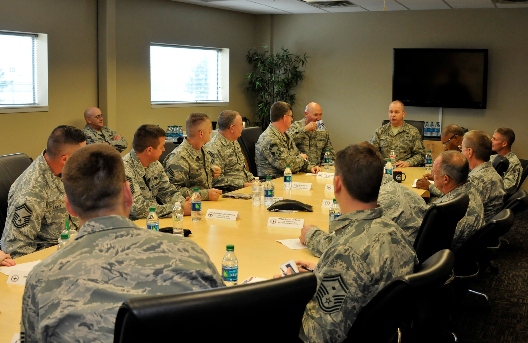 Air National Guard Command Chief Master Sgt. James W. Hotaling speaks with all of the chief master sergeants and first sergeants of the 188th Fighter Wing at Ebbing Air National Guard Base, Fort Smith, Ark., April 5, 2014. Hotaling also visited the 188th and met with Airmen and wing leadership before touring the unit’s facilities. (U.S. Air National Guard photo by Airman 1st Class Cody Martin/Released)