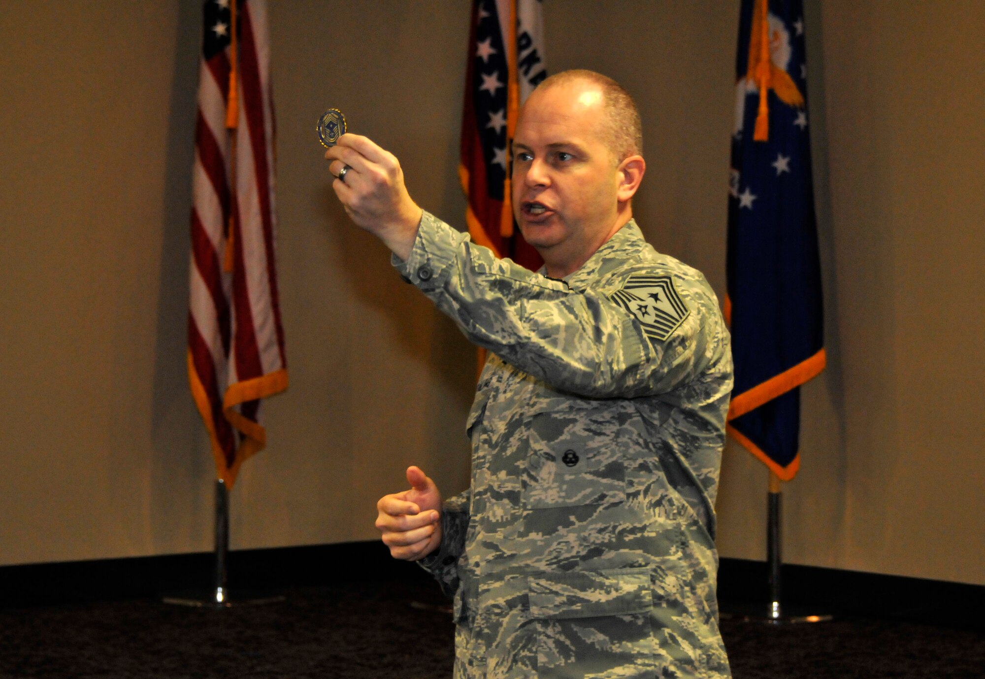 Air National Guard Command Chief Master Sgt. James W. Hotaling speaks to the Airmen of the 188th Fighter Wing at Ebbing Air National Guard Base, Fort Smith, Ark., April 5, 2014. Chief Master Sgt. Hotaling visited the 188th, met with Airmen and wing leadership before touring the unit’s facilities. (U.S. Air National Guard photo by Airman 1st Class Cody Martin/Released)