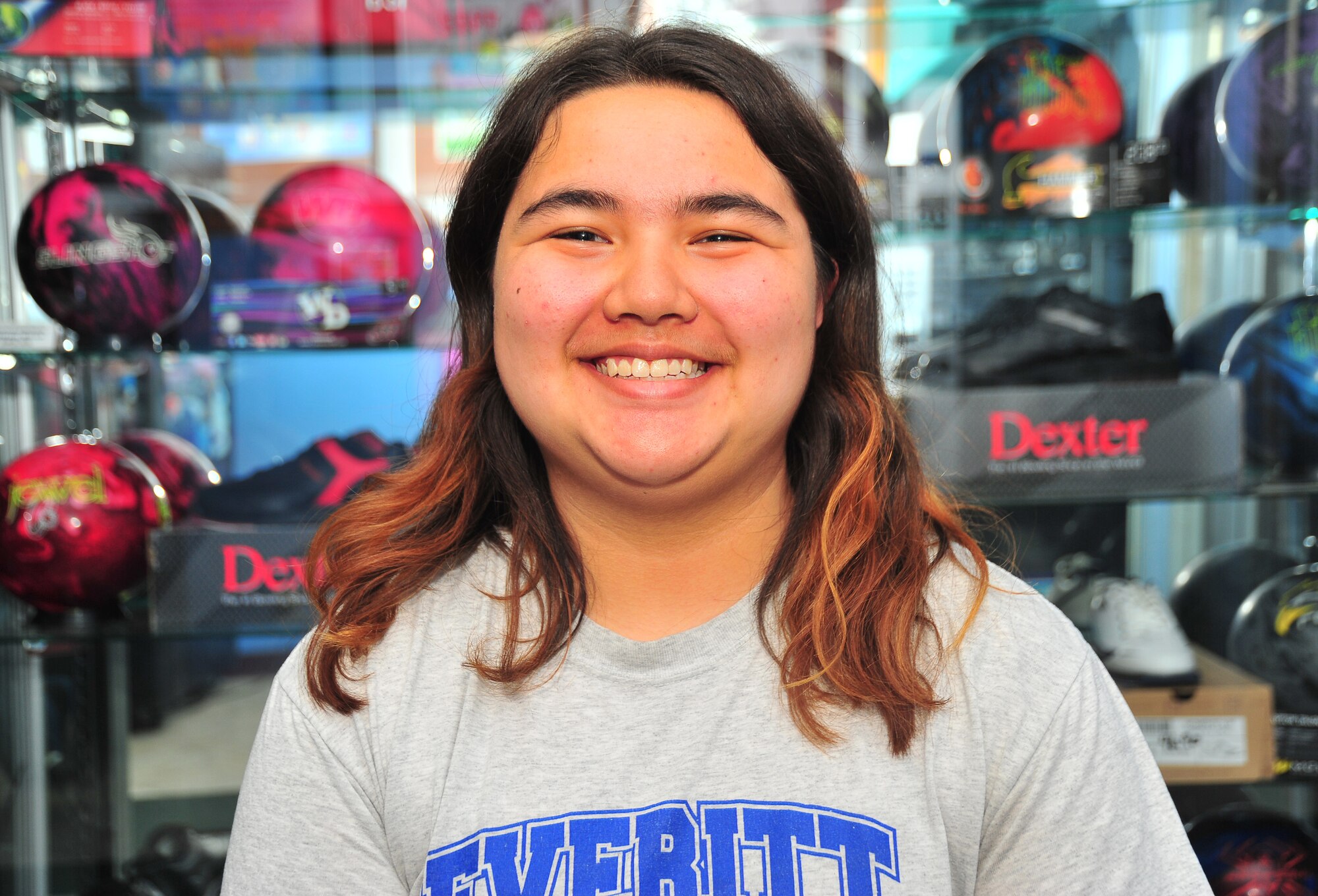 Rebecca “Boo” Dodson, Everitt Middle School student, poses for a photo April 9 at Tyndall’s Raptor Lanes. “Boo” bowled a perfect score of 300 during a singles bowling event April 6. (U.S. Air Force photo by Airman 1st Class Sergio A. Gamboa)