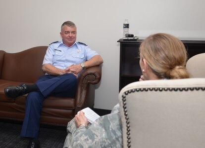 Lt. Gen. (Dr.) Thomas Travis, Surgeon General of the Air Force, visited 24th Air Force April 10 in order to learn about ways the medical community can support cyber operators.  During his visit, the general learned about the cyber domain and the missions carried out by 24th Air Force. (U.S. Air Force photo/Senior Master Sgt. Dorian Chapman)