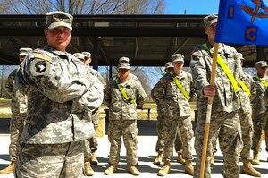 U.S. Army Staff Sgt. Rachel Underwood, 1st Battalion, 222nd Aviation Regiment instructor, was selected as the 128th Avn. Brigade’s Advanced Individual Training Platoon Sergeant of the Year during a ceremony at Fort Eustis, April 3. The competition included various events, such as a physical fitness test, land navigation and weapons qualifications. (U.S. Air Force photo by Senior Airman Austin Harvill/Released)
