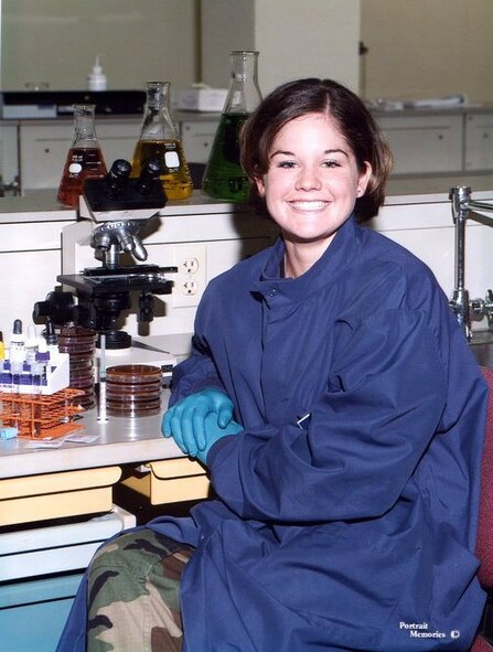 Then Airman Morgan Soloman, poses for a photo during technical school in 2001 as a laboratory apprentice. Today, she is 1st Lt. Morgan McNabb, 341st Medical Operations Squadron staff social worker. (Courtesy photo)