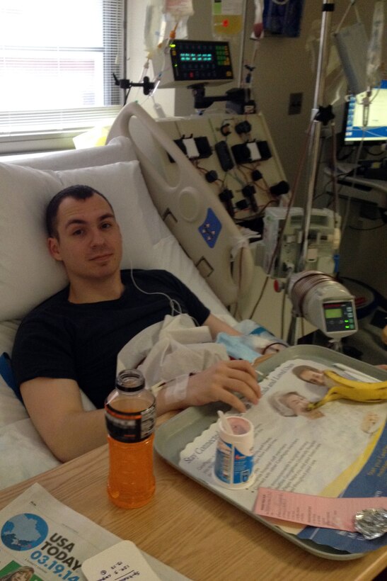 U.S. Navy Personnel Specialist 2nd Class Dennis Spitnale, assigned to Navy Operational Support Center Omaha at Offutt Air Force Base, Neb., undergoes a five-day peripheral blood stem cell donation procedure at Georgetown University Hospital’s Apheresis Center in Washington, D.C. Spitnale donated stem cells as part of the C.W. Bill Young Department of Defense Marrow Donor Program, which facilitates marrow and stem cell donations from service members. (U.S. Navy photo/Released)