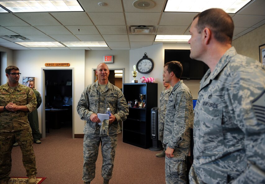 U.S. Air Force Chief Master Sgt. Scott Fuller, Ninth Air Force command chief, meets members of the 38th Rescue Squadron at Moody Air Force Base, Ga., April 9, 2014. During his visit, Fuller visited various units on base to gain a better understanding of Moody’s mission capabilities. (U.S. Air Force photo by Senior Airman Olivia Bumpers/Released)