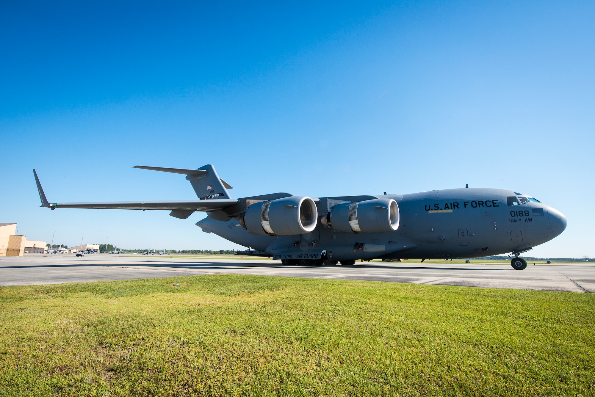 A U.S. Air Force C-17 Globemaster III parks near the Deployment Control Center at Moody Air Force Base, Ga., April 10, 2014.  Members of the 105th Security Forces Squadron from Stewart Air National Guard Base, N.Y., traveled to Moody to attend a memorial dedication ceremony in honor of Staff Sgt. Todd Lobraico Jr., a member of their unit who died Sept. 5, 2013, from wounds sustained when enemy forces attacked his unit with small-arms fire near Bagram Airfield, Afghanistan. (U.S. Air Force photo by Airman 1st Class Ryan Callaghan/Released)