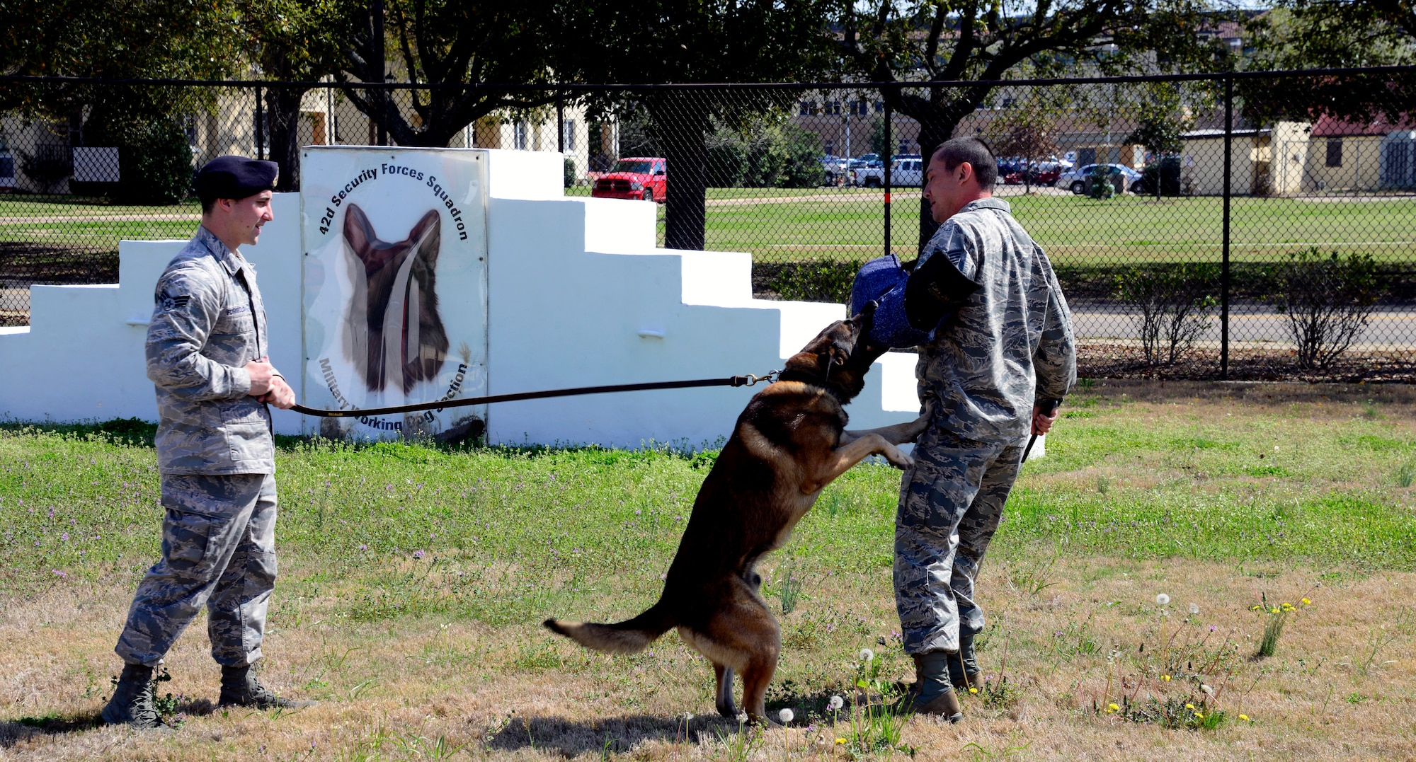 Staff Sgt. Adam Bearden trains with Senior Airman Eric Formolo and military working dog Rocky. Bearden works with all of the dog teams at Maxwell Air Force Base. (U.S. Air Force photo by Senior Airman William Blankenship)