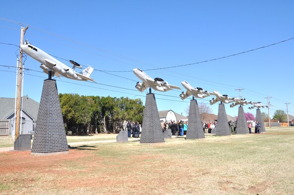 A crowd gathers at the site of the “AWACS Park” for the dedication of a memorial for Staff Sgt. Daniel Fannin, a former member of the 552nd Operations Support Squadron. Sergeant Fannin’s E-3 AWACS replica was one of three to be dedicated on April 4 at the park located just across the street from Tinker Air Force Base off of Sooner Road.  (Air Force photo by Darren D. Heusel)