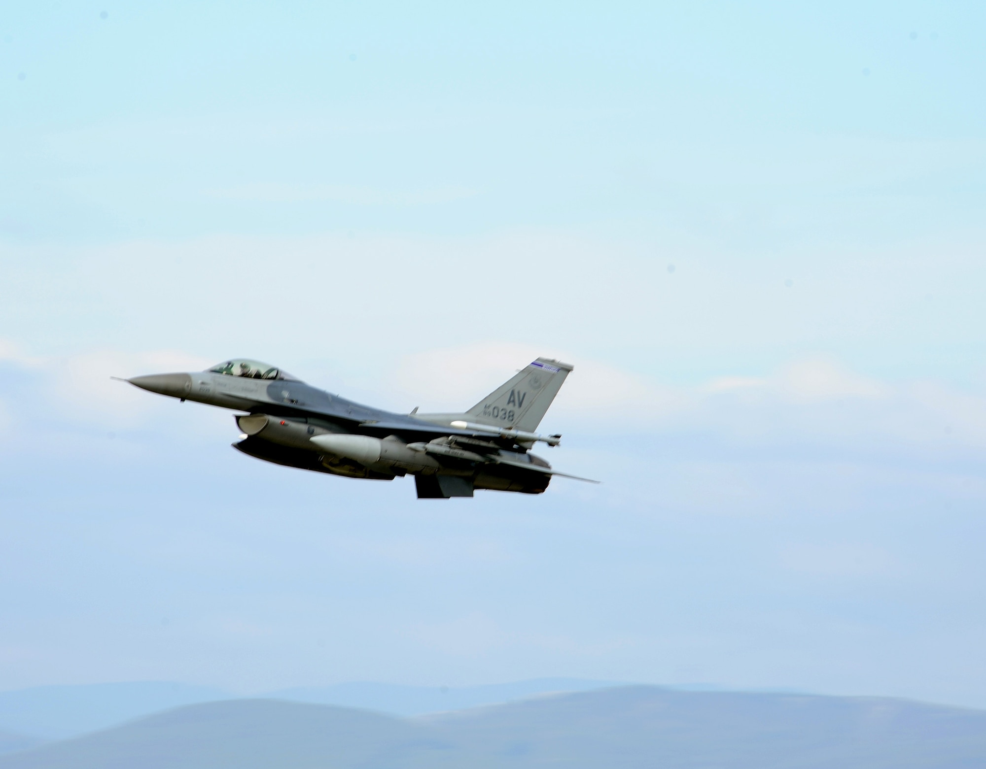 A U.S. Air Force F-16 Fighting Falcon takes off from Campia Turzii, Romania, during Exercise Dacian Viper 2014 on April 10, 2014. The exercise aims to enhance interoperability and readiness through combined air operations, including air-to-air, air-to-ground, and joint tactical air controller training. (U.S. Air Force photo/Staff Sgt. R.J. Biermann)