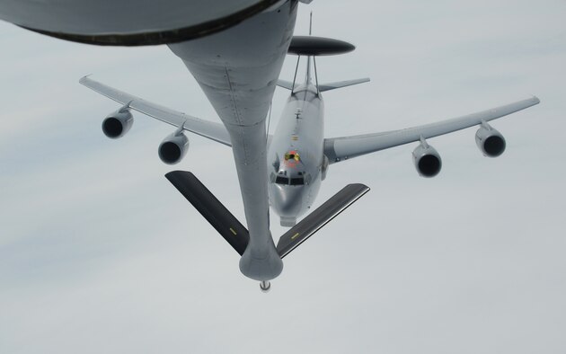 A French air force E-3 Sentry serving in a NATO capacity lines up to take on fuel from a 100th Air Refueling Wing KC-135 Stratotanker April 10, 2014, over Eastern Europe. The E-3 provides intelligence gathering capabilities and mobile radar. (U.S. Air Force photo by Airman 1st Class Dillon Johnston/Released)